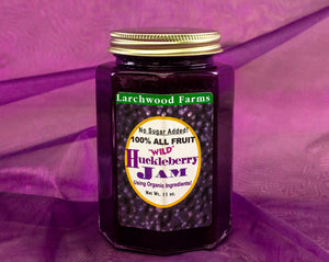 Small batch, wild, sustainably harvested, organic ingredient huckleberry jam - 11 ounces of huckleberry goodness hand crafted by the Larchwood Farms family