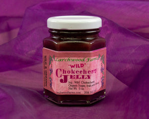 Handcrafted, small batch, no sugar added wild chokecherry jelly - made in Idaho at Larchwood Farms - 5 oz hex jar