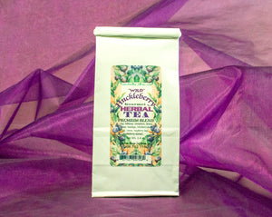 A generous portion of fine huckleberry herbal tea in an elegant white gift bag