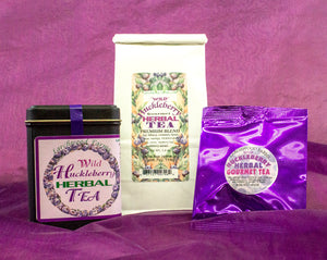 Larchwood Farms family crafted huckleberry herbal tea in elegant, giftable packaging