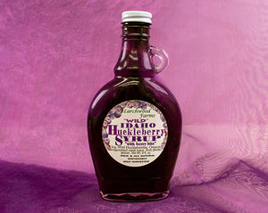 Stands on top of your pancake, just like homemade - because it is, organic ingredient, wild huckleberry syrup; beautifully crafted and packaged by Larchwood Farms.