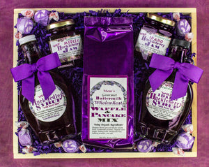 Large, beatifully packaged with bows and purple foil, hucklberry break pine gift tray.