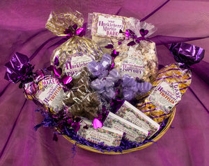 Bountiful basket of hucklberry chocolate delicacies beautifully arranged by Larchwood Farms