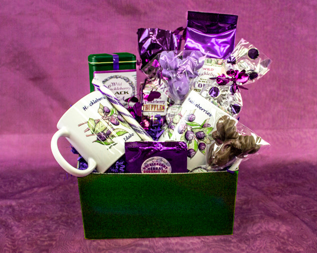 Huckleberry heaven in a mug and some to go with it too. Beautifully arranged huckleberry drink and confection gift basket by Larchwood Farms.