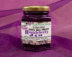 Small batch, wild, sustainably harvested, organic ingredient huckleberry jam - 5 ounces of huckleberry wilderness hand crafted by the Larchwood Farms family