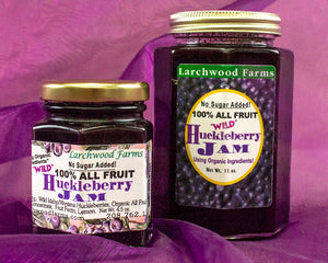 Small batch, wild, sustainably harvested, organic ingredient huckleberry jam hand crafted by the Larchwood Farms family