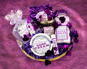 Beautifully arranged, handmade blissful delight of hucklberry body products.