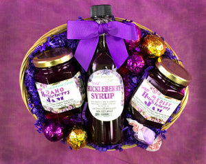 The best of authentic huckleberry flavor for the huckleberry conniseur in a beautifully arranged gift basket.