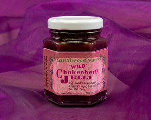 Handcrafted, small batch, low sugar added wild chokecherry jelly - made in Idaho at Larchwood Farms - 5 oz hex jar