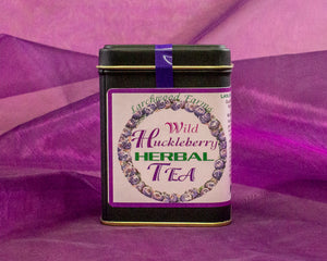 Fine huckleberry herbal tea with a beautiful label and a quality gold rimmed tin