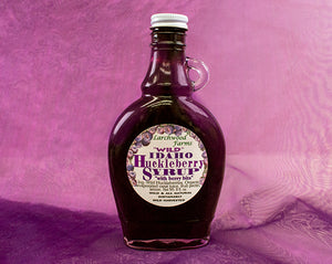 Stands on top of your pancake, just like homemade - because it is, natural ingredient, wild huckleberry syrup; beautifully crafted and packaged by Larchwood Farms.